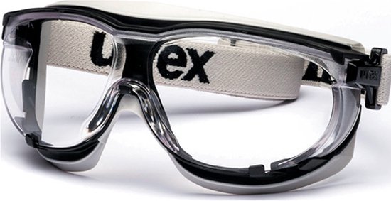 Uvex carbonvision veiligheidsbril met heldere lenzen, wit bovenframe en witte band met Uvex logo.