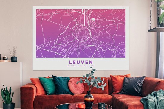Tableau sur toile Carte de ville - Louvain - België - Violet - 180x120 cm - Décoration murale XXL