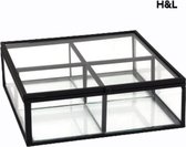H&L theedoos zwart - metaal - glas - 4 vakjes - sieradendoos - 15 x 15 x 5 cm