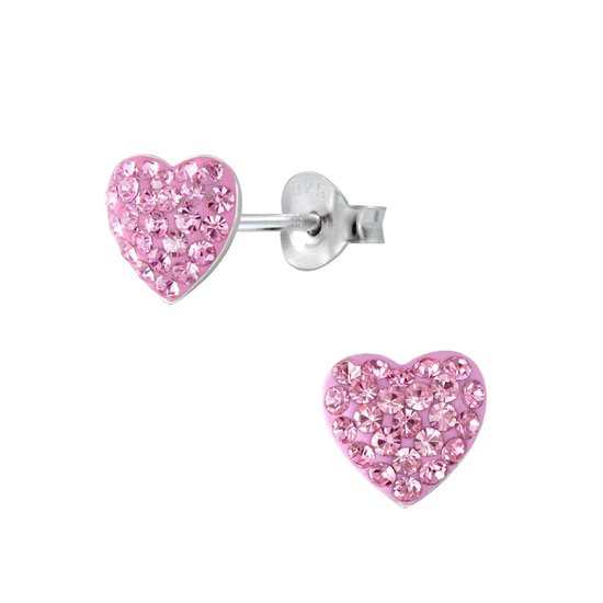 Joy|S - Zilveren hart oorbellen - 11 x 10 mm - kristal roze - Valentijn