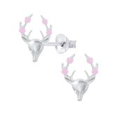 Joy|S - Zilveren hertje oorbellen - roze bloemetjes
