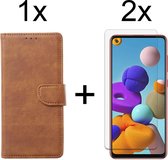 Samsung A21S Hoesje - Samsung Galaxy A21S hoesje bookcase bruin wallet case portemonnee hoes cover hoesjes - 2x Samsung A21S screenprotector
