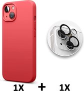 HB Hoesje Geschikt voor Apple iPhone 13 Rood & Camera Lens Glazen Screenprotector - Siliconen Back Cover
