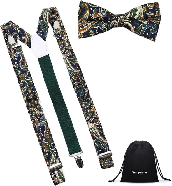 Luxe bretels inclusief vlinderdas - Paisley – Groen - met stevige clip - bretels - vlinderdas - strik – strikje - luxe - heren - unisex - giftset - Cadeau