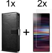 Sony Xperia 10 II hoesje bookcase met pasjeshouder zwart wallet portemonnee book case cover - 2x Sony Xperia 10 II screenprotector