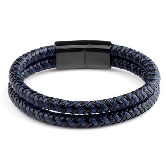 Di Lusso - Armband Vic - Rundsleder - Blauw en Zwart - Heren - 22 cm