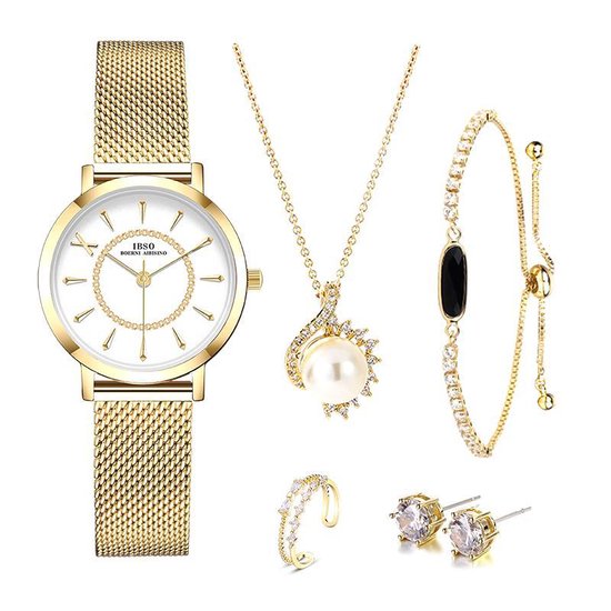 Boerni Aibisino Modieus Gouden Horloge, Ring , Armband, oorbellen en Ketting  Goud luxe... | bol.com
