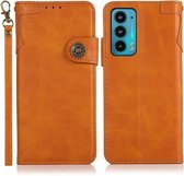 Voor Motorola Edge 20 KHAZNEH Dual-Splicing Koeienhuid Textuur Horizontale Flip Lederen Case met Houder & Kaartsleuven & Portemonnee & Fotolijst & Lanyard (Bruin)