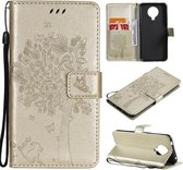 Voor Nokia G10 Boom & Kat Patroon Geperst Afdrukken Horizontale Flip PU Lederen Case met Houder & Kaartsleuven & Portemonnee & Lanyard (Goud)