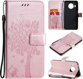 Voor Nokia X20 Boom & Kat Patroon Geperst Afdrukken Horizontale Flip PU Lederen Case met Houder & Kaartsleuven & Portemonnee & Lanyard (Rose goud)