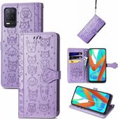 Voor OPPO Realme V15 5G Leuke Kat en Hond Reliëf Horizontale Flip Lederen Case met Houder & Kaartsleuven & Portemonnee & Lanyard (Paars)