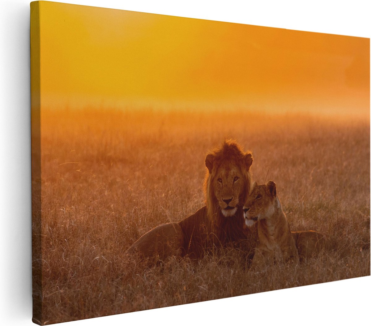Artaza Canvas Schilderij Leeuw En Leeuwin Tijdens Zonsondergang - 30x20 - Klein - Foto Op Canvas - Canvas Print