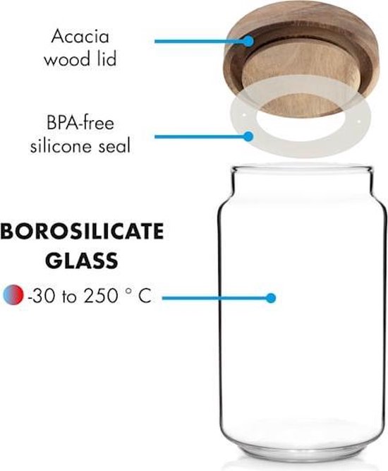 Klarstein Lovage - Set de 3 pots de conservation : 0/ 1.1L / 1.5L - verre borosilicaté sans BPA - 100 % anti-arôme et hermétique - couvercle en bois d'acacia