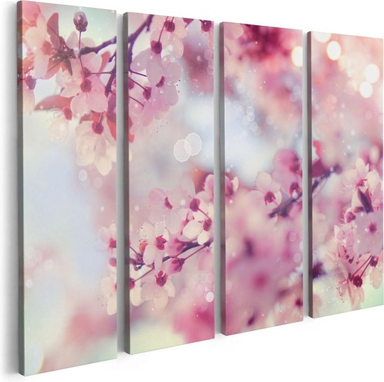 Artaza - Quadriptyque de peinture sur toile - Arbre à fleurs rose avec soleil - 80x60 - Photo sur toile - Impression sur toile