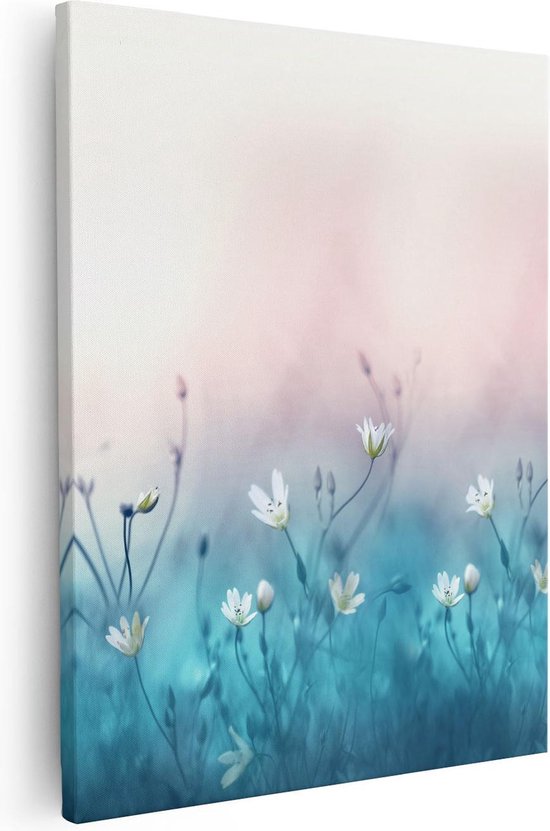 Artaza Canvas Schilderij Witte Bloemen Op Een Blauw Achtergrond - 80x100 - Groot - Foto Op Canvas - Canvas Print
