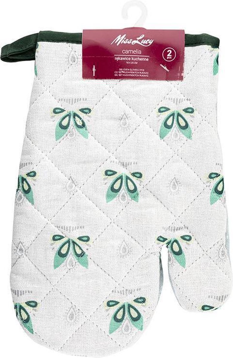 Miss Lucy Camelia set van 2 ovenwanten - Ovenhandschoenen - Keuken textiel - Keukenhandschoen - Wit/blad