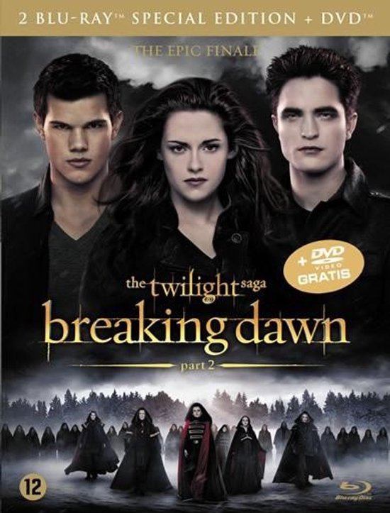 Cover van "The Twilight Saga: Breaking Dawn - Part 2" met drie hoofdrolspelers en een leger in het zwart.