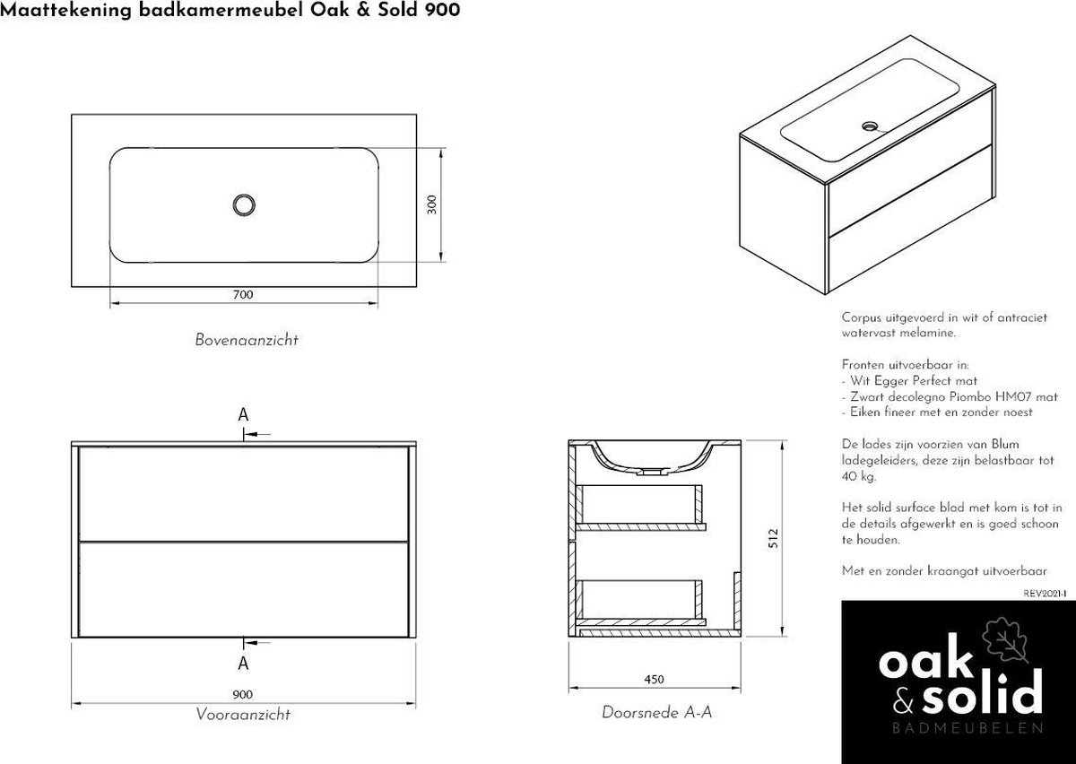 Oak&Solid 900 Greeploos |Badmeubel | Eiken Fineer | 900mm | 90cm | Solid Surface | Greeploos |2 laden