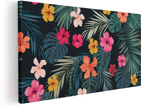 Artaza Canvas Schilderij Getekende Tropische Bloemen - Abstract - 60x30 - Foto Op Canvas - Canvas Print