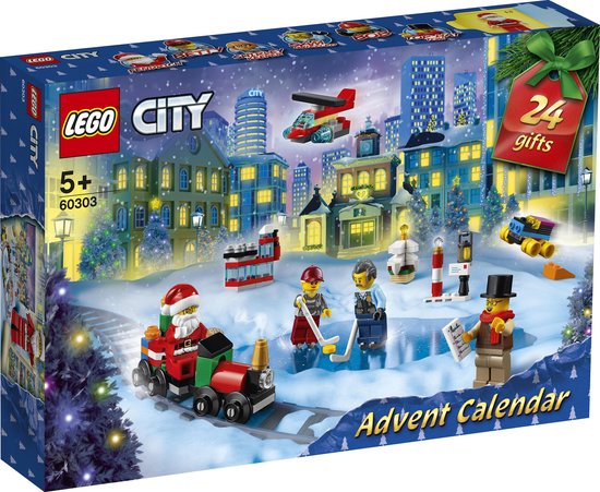 LEGO City Adventskalender met kersttafereel: kerstman, trein, spelende minifiguren, gebouwen en kerstbomen.