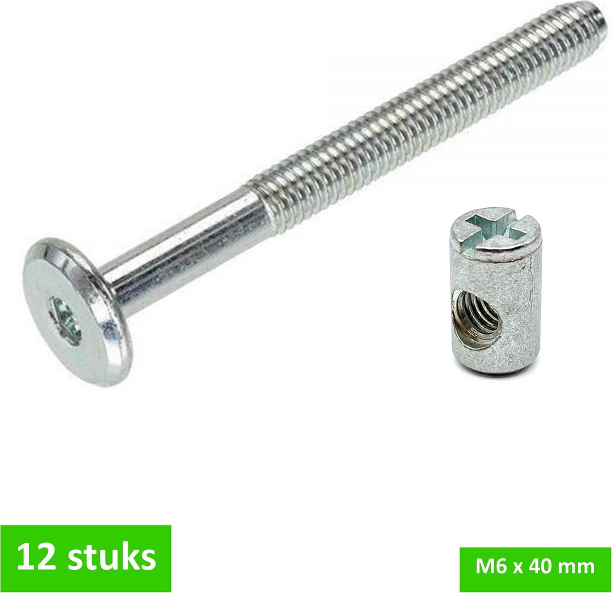 TQ4U verbindingsbout + dwarsmoer - M6 x 40 mm - Ikeabout - Verzinkt - Plaatdikte 19 mm - 12 stuks