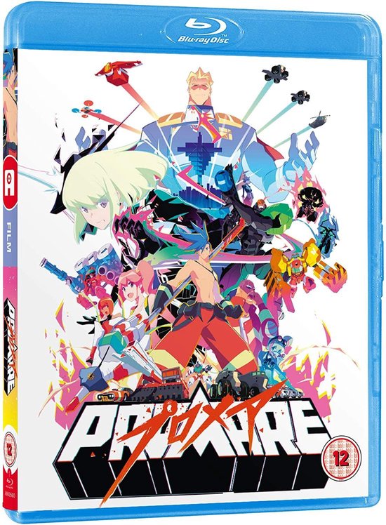 Promare Blu-ray hoes met een kleurrijke anime illustratie van personages en voertuigen.