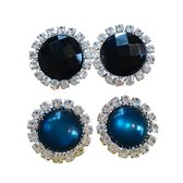 2 Paar-Clip Oorbellen-Set-Blauw -Zwart-Strass-Kunststof-15 mm-Geen gaatje-Charme Bijoux