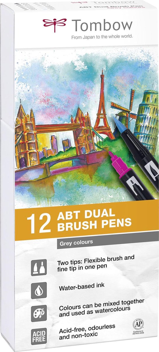Tombow ABT dual-brush tekenpennen (set van 12) – grijze kleuren. Tijdelijk: 3 Tombow MONO tekenpennen cadeau