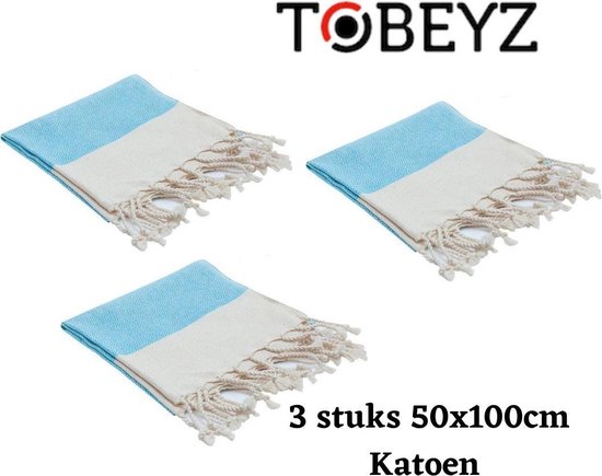 3 Stuks Tobeyz Handdoek Blauw 100% Katoen - 50x 100 cm - Hamamdoek - Spahanddoek - Saunadoek - Blauw