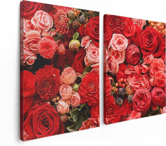 Artaza - Peinture sur toile Diptyque - Fleurs rouges et roses avec fruits - Abstrait - 120x80 - Photo sur toile - Impression sur toile