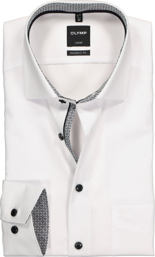 OLYMP Luxor modern fit overhemd - wit (zwart contrast) - Strijkvrij - Boordmaat: