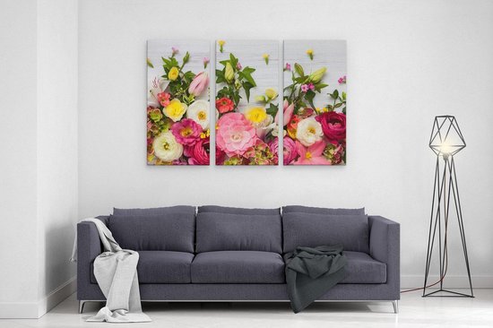 Artaza Toile Peinture Triptyque Fleurs Sur Fond De Bois Witte - 120x80 - Tableau Sur Toile - Impression Sur Toile
