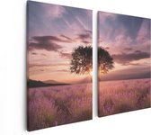 Artaza Canvas Schilderij Tweeluik Bloemenveld Met Lavendel Bij Zonsondergang - 80x60 - Foto Op Canvas - Canvas Print