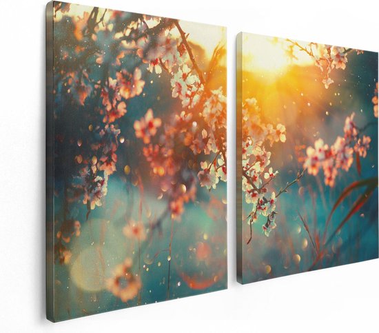 Artaza - Diptyque de peinture sur toile - Arbre en fleurs au coucher du soleil - Bloem - 120x80 - Photo sur toile - Impression sur toile