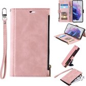 Voor Samsung Galaxy S21 FE 5G Side Zipper Back Card Horizontale Flip PU Leather Case met Kaartsleuven & Portemonnee & Fotolijst & Lanyard (Roze)