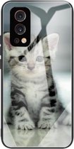 Kleurrijk gelakt glas schokbestendig beschermhoesje voor OnePlus Nord 2 5G (Cute Cat)