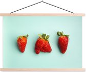 Posterhanger incl. Poster 120x80 cm - Schoolplaat - Aardbei - Pastel - Blauw - Textielposter - Blanke latten