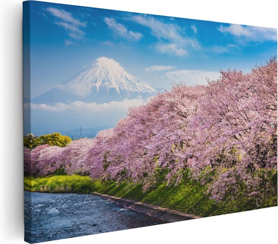 Artaza Canvas Schilderij Roze Bloesembomen Bij De Fuji Berg - 120x80 - Groot - Foto Op Canvas - Wanddecoratie Woonkamer