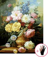 Schilderen Op Nummer Volwassenen Gekleurde Bloemen In Vaas Boeket – 40x50 cm - Inclusief Tekenhandschoen - Paint By Number Volwassenen