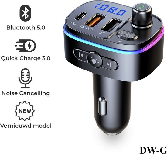 Dw-g bluetooth fm transmitter - auto lader - carkit - handsfree - mp3 - usb - snel lader - noise cancelling - nieuw model