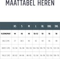 Maattabel heren met maten voor kleding, hals, borst en taille in centimeters.