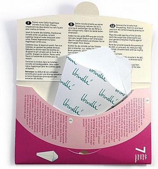 Een open doosje met Urinelle plasgootjes voor vrouwen, met meertalige instructies.