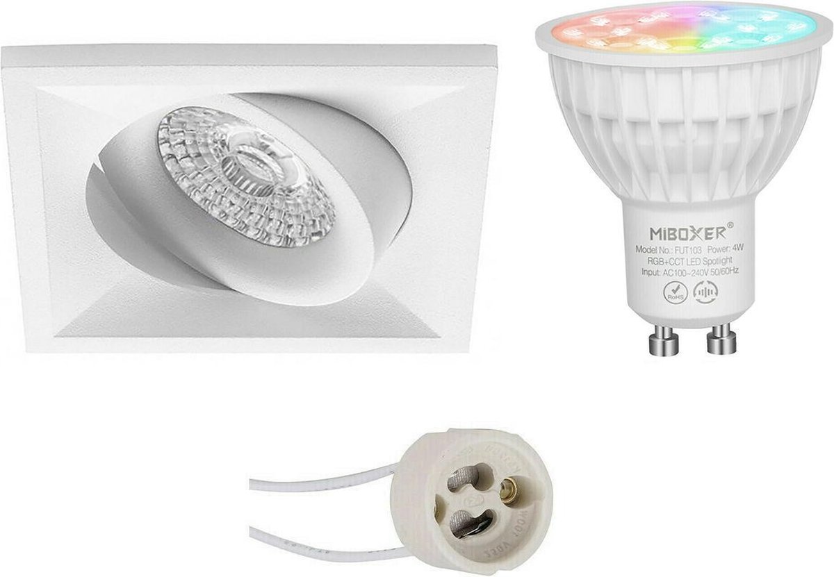 Mi-Light MiBoxer - LED Spot Set GU10 - Smart LED - Wifi LED - Slimme LED - 4W - RGB+CCT - Aanpasbare Kleur - Dimbaar - Proma Qiundo Pro - Inbouw Vierkant - Mat Wit - Kantelbaar - 80mm