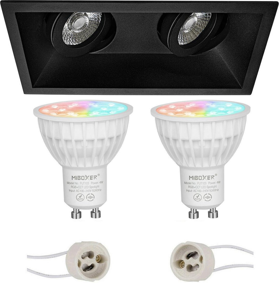Mi-Light MiBoxer - LED Spot Set GU10 - Smart LED - Wifi LED - Slimme LED - 4W - RGB+CCT - Aanpasbare Kleur - Dimbaar - Proma Zano Pro - Inbouw Rechthoek Dubbel - Mat Zwart - Kantelbaar - 185x93mm