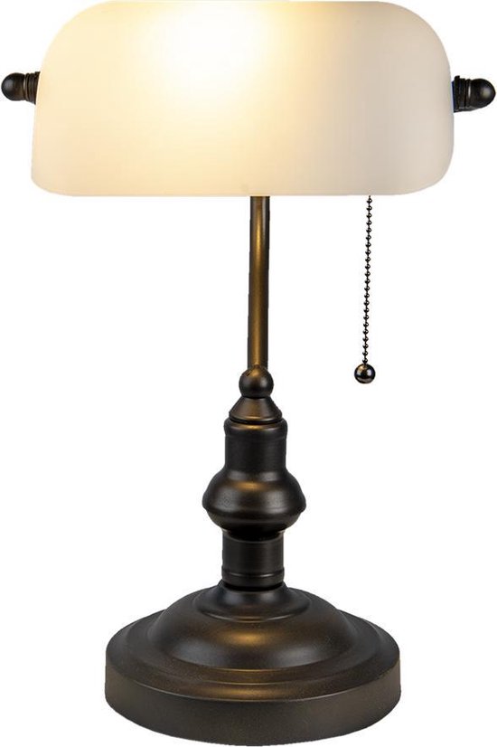 LumiLamp Bureaulamp Bankierslamp Ø 27x40 cm Wit Bruin Metaal Glas Rechthoek Tafellamp