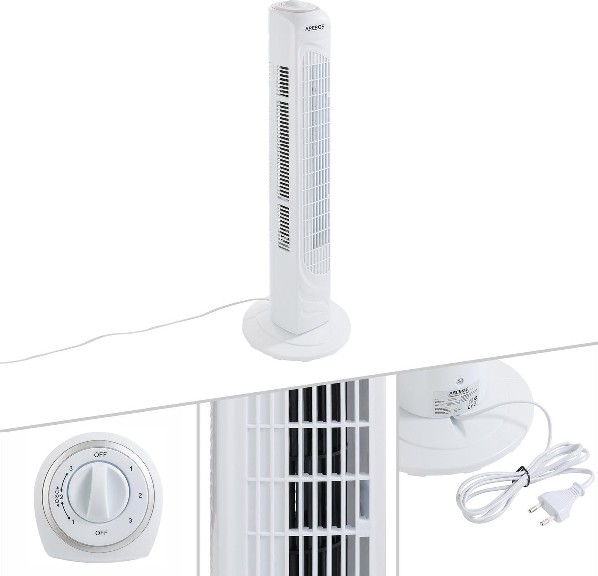 AREBOS - Torenventilator - Ventilator Staand 50 W - 3 Snelheidsstanden - Wit