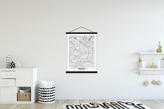 Posterhanger incl. Poster 120x160 cm - Schoolplaat - Kaart - Milaan - Italië - Zwart - Wit - Textielposter - Zwarte latten