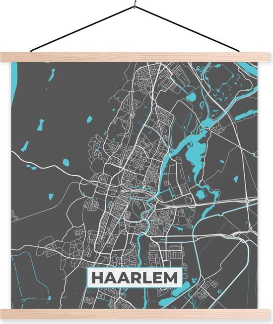Porte-affiche avec affiche - Affiche scolaire - Carte - Haarlem - Grijs - Blauw - 120x120 cm - Lattes vierges