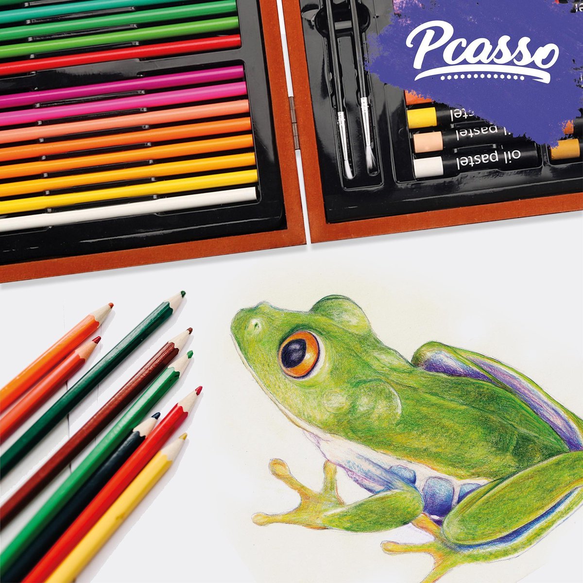 Pcasso ® Professionele Tekendoos - 142-delig - Tekenkoffer -  Tekendoos  -  Tekenset - Tekenen - Inclusief Aqaurelverf, Kleurpotloden, Waskrijtjes, Stiften en Oliepastels — afbeelding 3