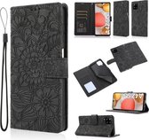 Voor Samsung Galaxy A42 5G Huid Voelen Reliëf Zonnebloem Horizontale Flip Lederen Case met Houder & Kaartsleuven & Portemonnee & Lanyard (Zwart)